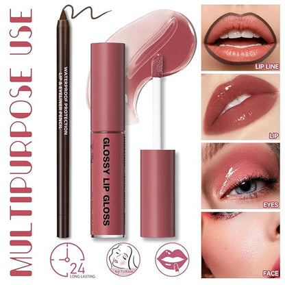 Nourishing Lip Gloss Moisturizing High Shine Fresh Lightweight Glossy Plumping Lip Combo or Women Long Wear Lip Glow Oil with Brown Lip Liner Set Non-Sticky Liquid Lipstick Makeup#12