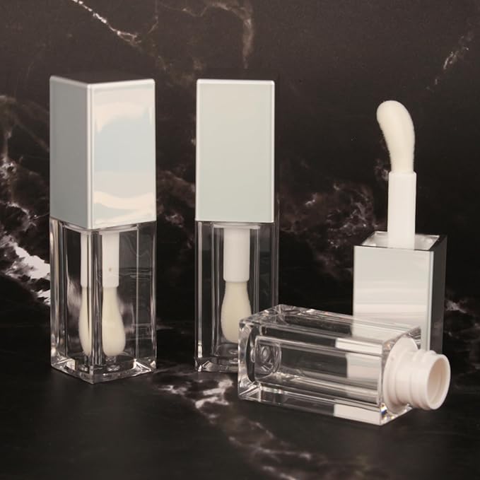 COSIDEA 24pcs 5ml Empty square Holigraphic silver lipgloss tubes bulk wholesale with big wand lipgloss containers large doe foot tube