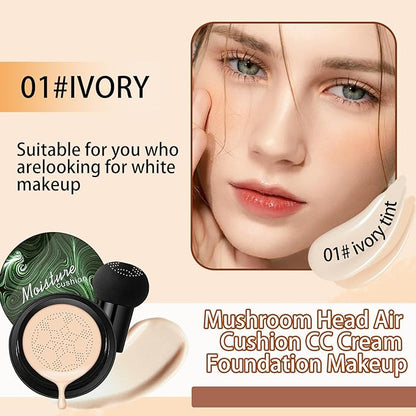 Mushroom Head Air Cushion CC Cream Foundation,Moisturizing Non-Greasy BB Cream,Long Lasting Matte Concealer Full Coverage Face Makeup Liquid Foundation for All Skin Types(Ivory)