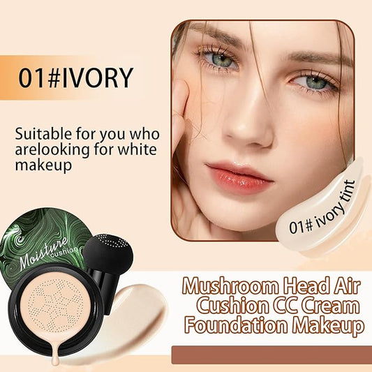 Mushroom Head Air Cushion CC Cream Foundation,Moisturizing Non-Greasy BB Cream,Long Lasting Matte Concealer Full Coverage Face Makeup Liquid Foundation for All Skin Types(Ivory)
