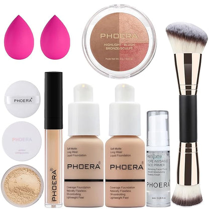 PHOERA Foundation, PHOERA Contour Palette,Shades with Highlighter & Bronzer & Blush,Up to 24 Hour Fresh Wear,PHOERA Concealer Primer Powder (102+103+ #002 Contour/Nude+Warm peach+#002)