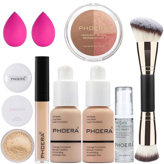 PHOERA Foundation, PHOERA Contour Palette,Shades with Highlighter & Bronzer & Blush,Up to 24 Hour Fresh Wear,PHOERA Concealer Primer Powder (102+103+ #002 Contour/Nude+Warm peach+#002)
