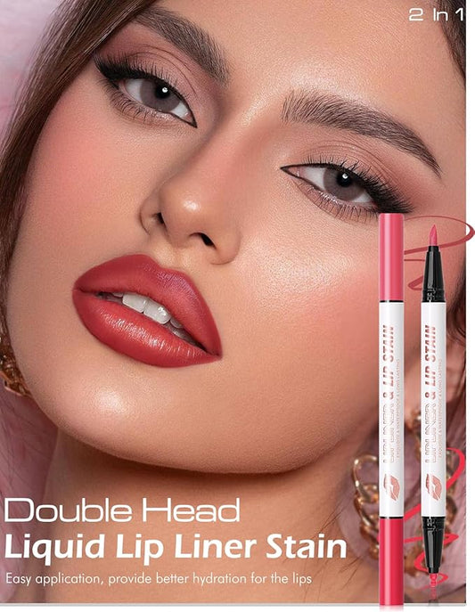 Double-headed Lip Liner Stain Long Lasting Waterproof 2 Colors Liquid Lip Liner Pencil Marker High Pigmented Smooth Application Precise Pen-Like & Chisel Tip Hydrating Lipstick for Women, 03