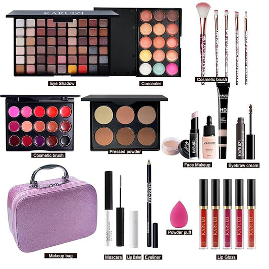 All in One Makeup Kit,Makeup Kit for Women, Teens and Girls, All-in-One Set with Eyeshadow Palettes, Lipsticks, Brushes, Storage Bag,Makeup gift set girls makeup sets ages 8-12 (Purple)