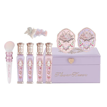 Flower Knows Violet Strawberry Rococo Makeup Box Set,10 Pack Makeup Box with Mirror,Lip Gloss×4+Blush×2+Blush Brush×1+Handheld mirror×1+Hair Clip×1+Gift Box×1