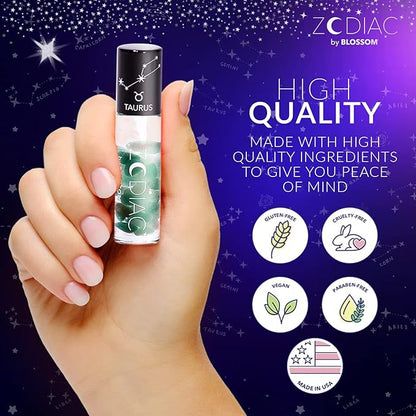 Blossom Lip Gloss Zodiac Sign Vanilla Scented Roll-On Lip Gloss, Moisturizing + Hydrating with Zodiac Crystals, Made in USA, 0.20oz, Taurus