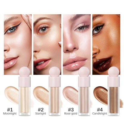 Liquid Highlighter Natural Glow For Face & Body, Waterproof Moisturizing Light Liquid Luminizer For Long Lasting Shimmer, Contour Highlighter Stick Easy to Apply with Cushion Applicator (#4 Candlelight)