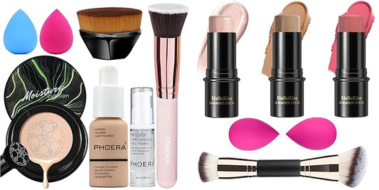 Hilareco Makeup Kit, 3 Pcs Contour Stick, Beige, Matte Finish, Full Coverage, Waterproof, Unisex, Box, All Skin Types, Air Cushion CC Cream, Mushroom Head, Includes Double-Ended Makeup Brush