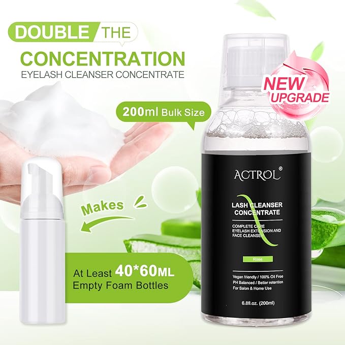 Eyelash Cleanser Concentrate 200ml Aloe Professional Lash Shampoo Foaming Cleanser Lash Wash Concentrate for Extensions Lashes with Salon Home Care-Makes 40 Bottles