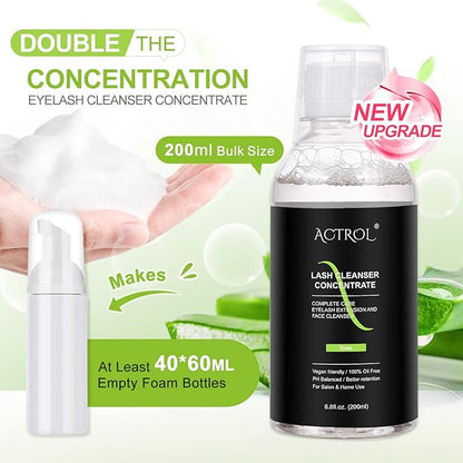 Eyelash Cleanser Concentrate 200ml Aloe Professional Lash Shampoo Foaming Cleanser Lash Wash Concentrate for Extensions Lashes with Salon Home Care-Makes 40 Bottles