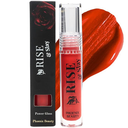 Rise & Slay Power Gloss – High-Pigment Hydrating Gloss Lipstick with Hyaluronic Acid, Jojoba Oil, Vit-E, Castor Oil, Non-Sticky Vibrant Shine, Coral Red, Summer Lips (Fireball, 4.5 ml)