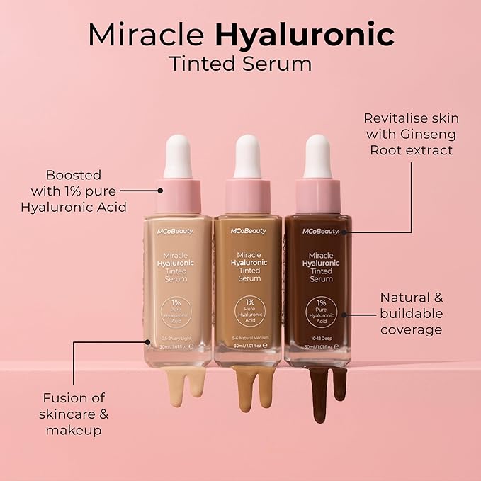 MCoBeauty Miracle Hyaluronic Tinted Serum, 8-10 Warm Deep, Hydration & Glow for Radiant Skin, Vegan, Cruelty Free Cosmetics