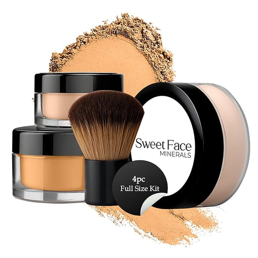 4pc Full Size Kit (Deep Tan) Mineral Makeup Matte Translucent Loose Foundation + Kabuki Brush + Concealer + Finishing Setting Powder + Bare Face Full Coverage SPF 30 All Skin Types Waterproof