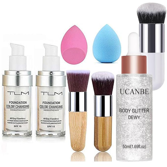 2pcs TLM Color Changing Foundation Liquid with 2 Brushes and 2 Cosmetics Sponge + UCANBE Face Body Glitter Liquid Highlighter Illuminator Dewy Drops with Makeup Brush