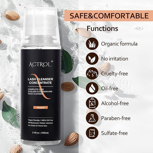 Eyelash Cleanser Concentrate 100ml Almond Professional Lash Shampoo Foaming Cleanser Lash Wash Concentrate for Extensions Lashes with Salon Home Care-Makes 40 Bottles Almond