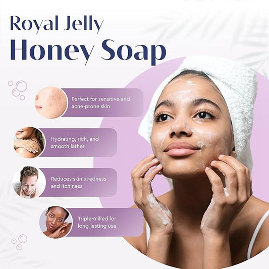 Royal Jelly Honey Soap Set - Luxurious Vegetable-Based Bars with 2% Honey, Hydrating Lanolin & Anti-aging Royal Jelly, Peach Blossom Scent - Spa Quality (Pack of 6)