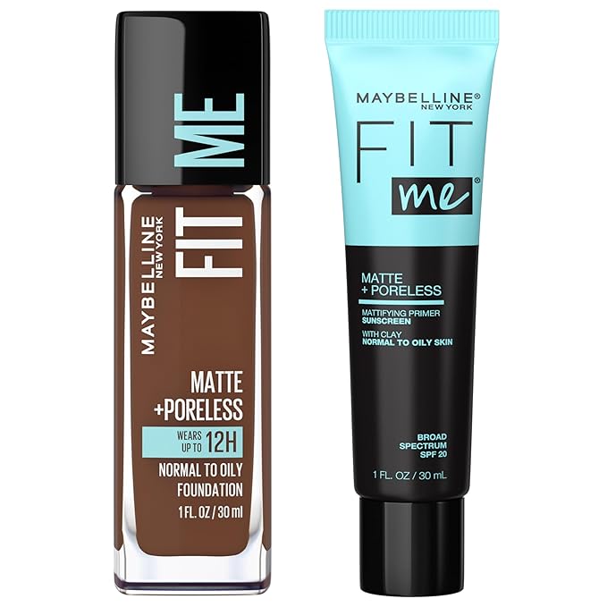 Maybelline Fit Me Matte + Poreless Liquid Foundation + Fit Me Mattifying Primer Makeup Bundle, Includes 1 Foundation in Java and 1 Primer