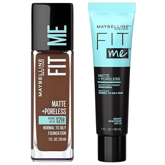 Maybelline Fit Me Matte + Poreless Liquid Foundation + Fit Me Mattifying Primer Makeup Bundle, Includes 1 Foundation in Java and 1 Primer
