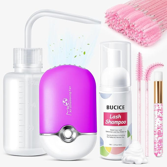 Lash Shampoo Kit - Eyelash Extension Cleaning Set with Lash Fan Dryer and Cleanser - Makeup Cleansing Foams for Lash Care and Aftercare, Purple
