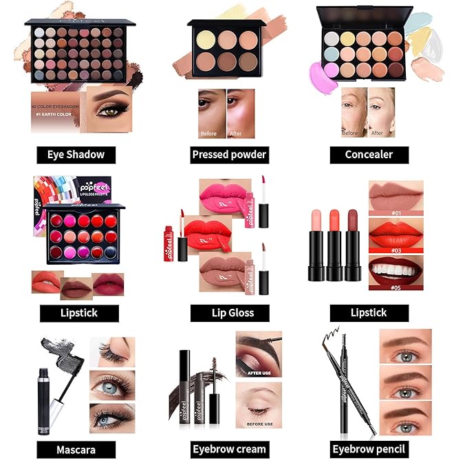 All in One Makeup Kit for Women Full Kit, Valentine's Day Gifts for Women Girls, Essential Bundle With Eyeshadow Palette, Brush, Lipstick, Blush, Foundation, Concealer, Mascara, Eyebrow Pencil