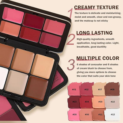12 Colors Cream Blush Palette Cream Concealer Foundation Palette,Natural Matte Face Makeup Palette with Brush