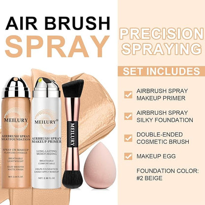 AirBrush Foundation Spray Set, Spray Foundation Makeup and Hydrating Face Air Primer Kit, Longwear Waterproof Liquid Matte Foundation Mist for Flawless Look (02 Beige)