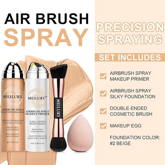 AirBrush Foundation Spray Set, Spray Foundation Makeup and Hydrating Face Air Primer Kit, Longwear Waterproof Liquid Matte Foundation Mist for Flawless Look (02 Beige)
