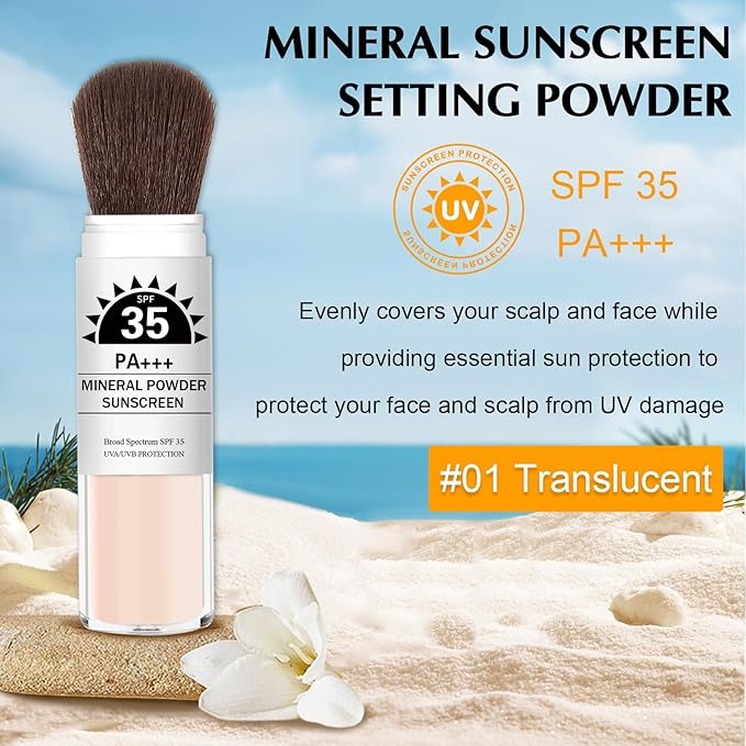 Mineral Powder Sunscreen SPF 35 Setting Powder for Face Broad Spectrum Mineral Brush Powder Lightweight Breathable Oil Control Matte Finish for All Skin Tones(Translucent)