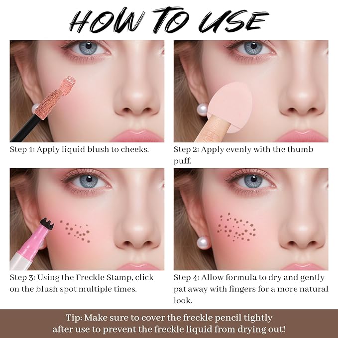 DAGEDA Freckle Blush Makeup Pen, 2 in 1 Light Brown Freckle Stamp Pink Blush, Waterproof,Quick-dry, Natural Lifelike Freckles for Natural Sunkissed Makeup with Face Puff 01