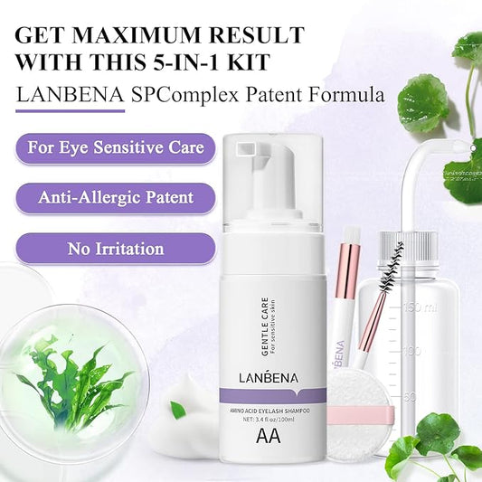 LANBENA Lash and Eyelash Cleanser Kit 100ml - Amino Acid Foam for Sensitive Skin, Makeup Remover, Paraben & Sulfate Free