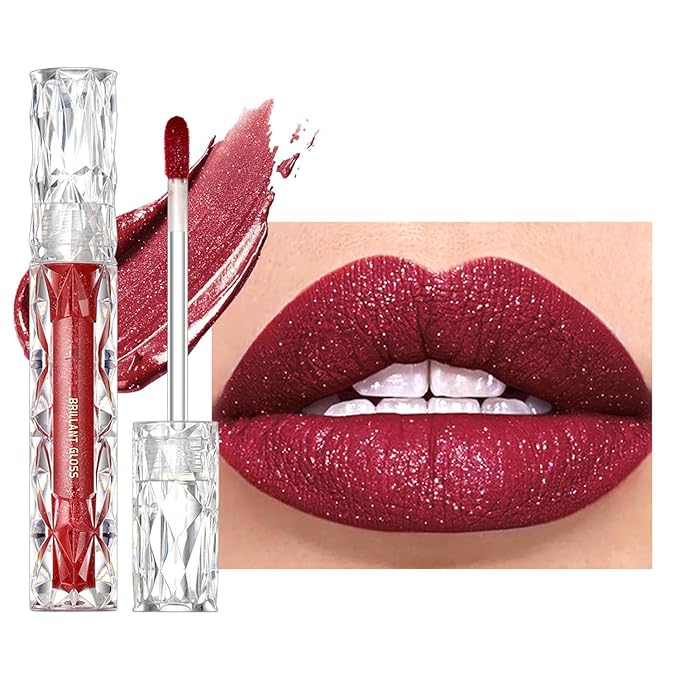 Red Lip Gloss for Women, High Pigment Diamond Shimmer Metallic Lip Glaze, Long-Lasting Shiny Liquid Lipstick, Waterproof, Moisturizing, Popular Shiny Lip Color,Christmas Party Makeup (#06)