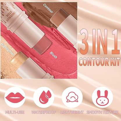 3Pcs Cream Contour Sticks Kit, Highlighter Stick Blush Stick Cream Contour Kit Makeup Set with Brush,Face Brightens & Shades Contour Stick Waterproof for Women Girls(9507-03-06-11, B)