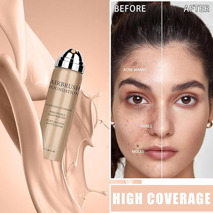 Airbrush Foundation Spray Makeup Set, Hydrating and Moisturizes Face Prime, Long Lasting Waterproof Full Coverage Foundation Mist for Color Correction, Brighten, Matte Finish, 2.36oz - Natural Color