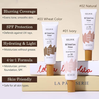 BB Cream Tinted Moisturizer with SPF 30–Lightweight BB Blur Tineted Care Primer,Hydrating Tinted Sunscreen for Face,Full-Coverage Skin Tint Makeup for All Skin Types with 2PCS Sponge (01 Ivory)