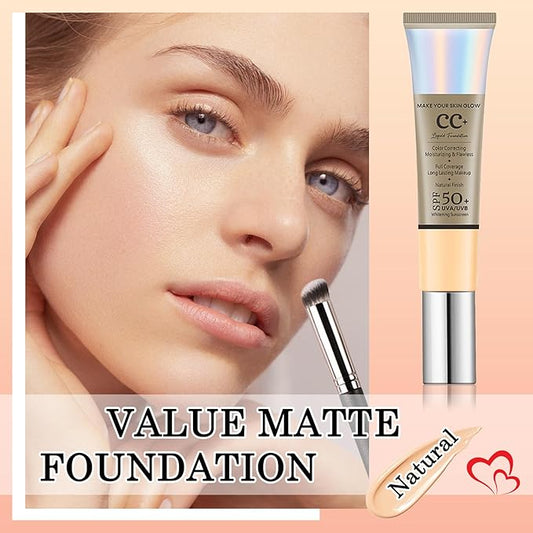 2PCS Full Coverage Concealer Foundation Set,Moisturizing BB Cream,Long Lasting Hydrating Lightweight CC Cream with Makeup Brush,Oil Control Face Moisturizer SPF 50 PA++++ Sunscreen（E）