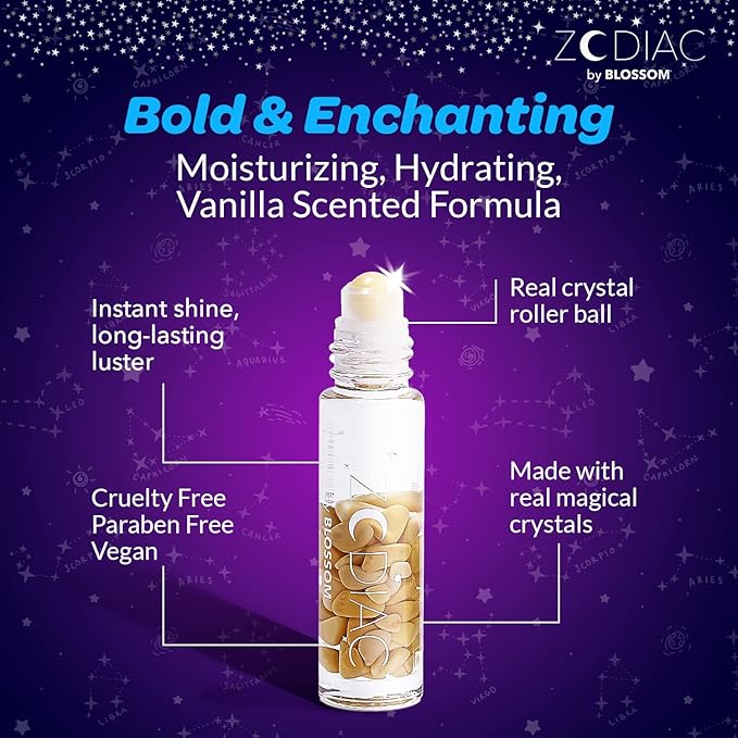 Blossom Lip Gloss Zodiac Sign Vanilla Scented Roll-On Lip Gloss, Moisturizing + Hydrating with Zodiac Crystals, Made in USA, 0.20oz, Gemini