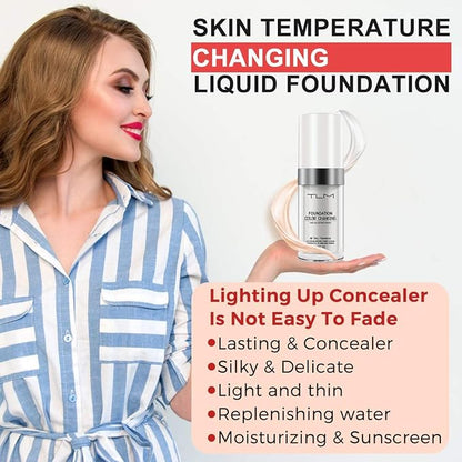 2PCS TLM Flawless Colour Changing Warm Skin Tone Foundation, Naturally Blends Moisturizing foundation makeup, Long Lasting Waterproof Lightweight Liquid Foundation SPF 15 for Face Makeup