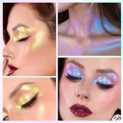 Chameleon Face Highlighter Palette, Multichrome Glitter Shimmer Highlighter Makeup, Holographic Sparkle Color Shifting Inner Corner Eye Highlighter Illuminator, Silky Creamy Mineral Eyeshadow3