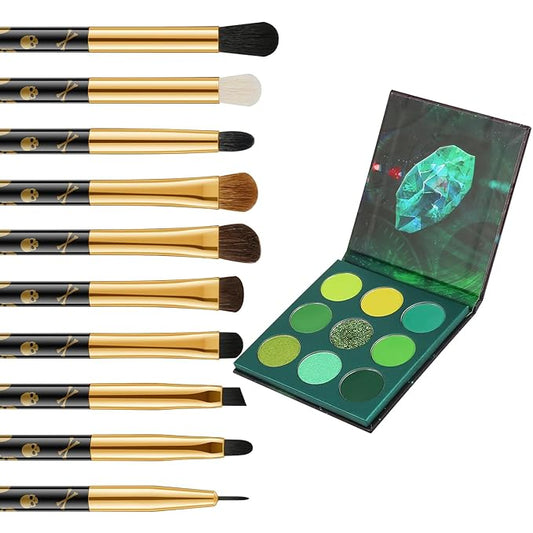 Docolor 10Pcs Eye Makeup Brushes Skull Printed Eyeshadow Makeup Brush Set and Green Eyeshadow Palette 9 Colors Gemstone Shadow Palette Highly Pigmented Mattes Shimmers Long-Lasting Makeup Palette