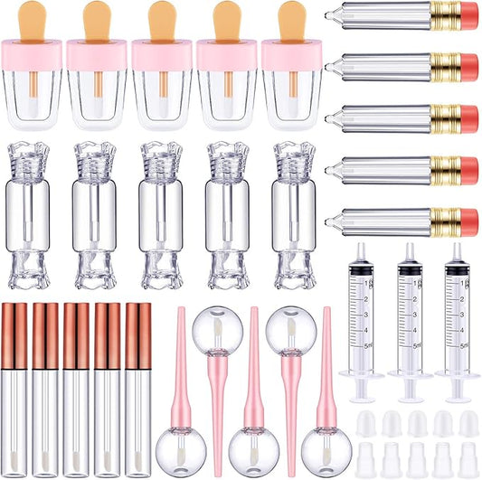 Maitys 30 Pcs Lip Gloss Tube Tool Set, Include 20 Pencil Ice-cream Lollipop Candy Shaped Empty Lip Gloss Tubes, 5 Clear Balm Containers with Rose Gold Cap and 5 Plastic Syringe for Women DIY