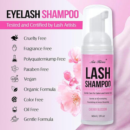 Lash Shampoo for Lash Extensions 60 Ml/2fl.oz Eyelash Extension Cleanser Oil Free Lash Cleanser for Eyelash Care, Gentle Foaming Eyelash Shampoo with Brush for Salon Home Care (Cherry Blossmom 60ml)