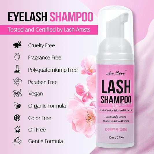 Lash Shampoo for Lash Extensions 60 Ml/2fl.oz Eyelash Extension Cleanser Oil Free Lash Cleanser for Eyelash Care, Gentle Foaming Eyelash Shampoo with Brush for Salon Home Care (Cherry Blossmom 60ml)