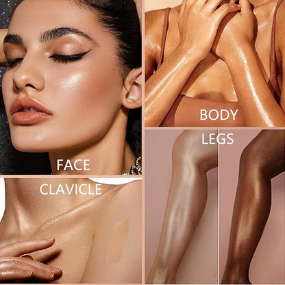 Body Shimmer Oil Gold 4 Color Face Brighten Luminizer Glow for Face & Body, Summer Glow Pearl Highlighter Liquid Illuminator Makeup With Brush (#2, 2.8 Fl Oz)
