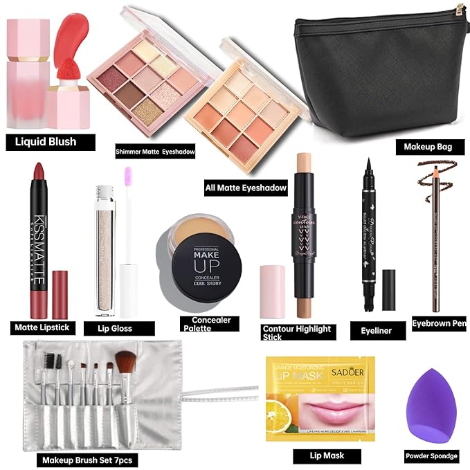 All In One Makeup Set for Women,Multipurpose Makeup Kit with Makeup Brushes, Lipsticks, Lip Gloss, Eye Shadows, Blushes, Eyebrown, Makeup Bag for Beginners and Professionals Premium Gift Set (SET A)