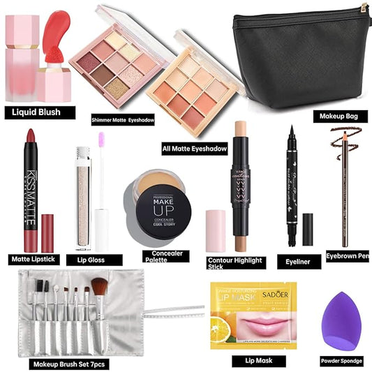 All In One Makeup Set for Women,Multipurpose Makeup Kit with Makeup Brushes, Lipsticks, Lip Gloss, Eye Shadows, Blushes, Eyebrown, Makeup Bag for Beginners and Professionals Premium Gift Set (SET A)