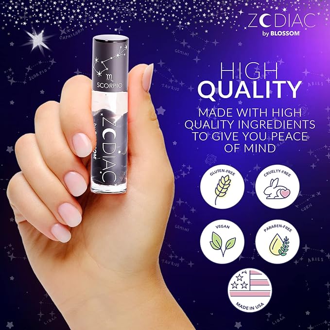 Blossom Lip Gloss Zodiac Sign Vanilla Scented Roll-On Lip Gloss, Moisturizing + Hydrating with Zodiac Crystals, Made in USA, 0.20oz, Scorpio