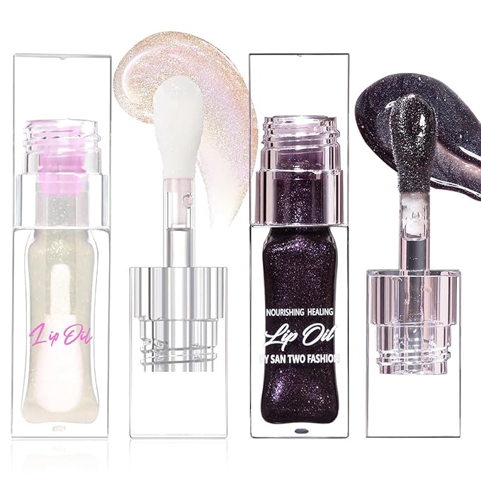 2PCS Magic Black Color Changing Lip Oil，Warm Change Glitter Lip Gloss, Color Changing Lip Oil V2, Color Changing Lip Gloss, Moisturizing Plumping Clear Lips Oil Tinted Lip Plumper Lips Care
