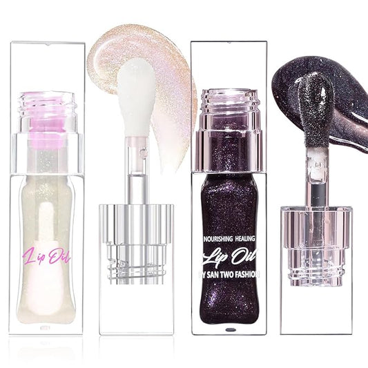 2PCS Magic Black Color Changing Lip Oil，Warm Change Glitter Lip Gloss, Color Changing Lip Oil V2, Color Changing Lip Gloss, Moisturizing Plumping Clear Lips Oil Tinted Lip Plumper Lips Care