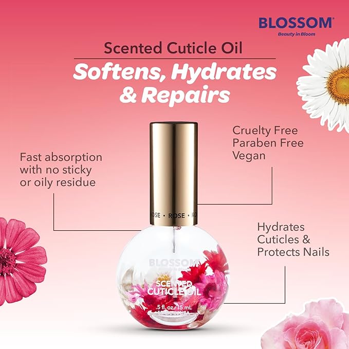 Blossom Hydrating, Moisturizing Scented Cuticle Oil, Scented pH Color Change Lip Balm, Roll on Lip Gloss, Infused with Real Flowers, 0.7 fl. oz/15mL, 3 Pack Gift Set, Rose/Pink/Strawberry