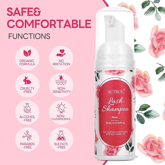 Eyelash Extension Cleanser 60ML Colored Red Rose Lash Extension Shampoo Professional Eyelid Foaming Cleanser Paraben & Sulfate Free Non-lrritating with Salon and Home Care
